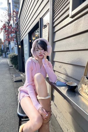 DreamyNerd Cozy Knit Hoodie & Shorts Set in Baby Pink