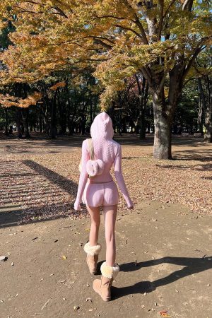 DreamyNerd Cozy Knit Hoodie & Shorts Set in Baby Pink