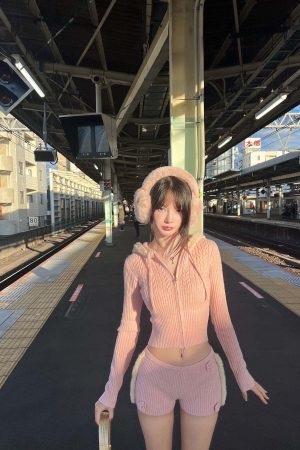 DreamyNerd Cozy Knit Hoodie & Shorts Set in Baby Pink