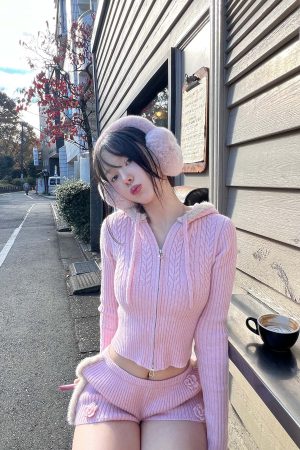 DreamyNerd Cozy Knit Hoodie & Shorts Set in Baby Pink