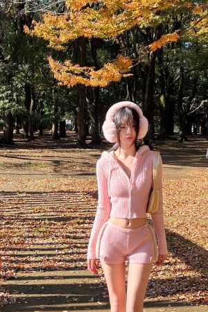 DreamyNerd Cozy Knit Hoodie & Shorts Set in Baby Pink