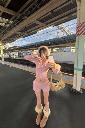 DreamyNerd Cozy Knit Hoodie & Shorts Set in Baby Pink