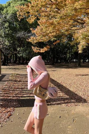 DreamyNerd Cozy Knit Hoodie & Shorts Set in Baby Pink