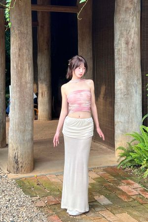 DreamyNerd Draped Hip Hugging Maxi Skirt with Soft Sheen and Flared Hem