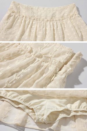 DreamyNerd Embroidered Sheer Mini Skirt with Ruffled Waist and Inner Shorts