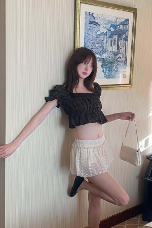 DreamyNerd Embroidered Sheer Mini Skirt with Ruffled Waist and Inner Shorts