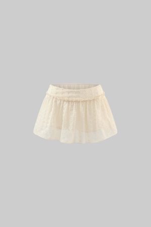 DreamyNerd Embroidered Sheer Mini Skirt with Ruffled Waist and Inner Shorts