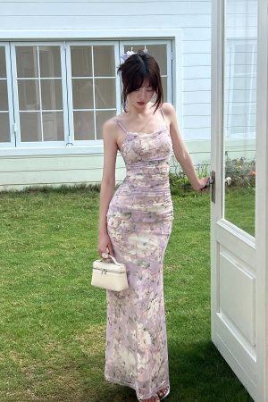 DreamyNerd Floral Mesh Maxi Dress with Lace Trim and Ruched Bodice