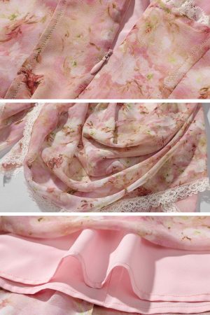 DreamyNerd Floral Ruched Corset Dress with Ruffle Hem and Bow Detail