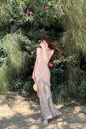 DreamyNerd Floral Ruffle Maxi Dress with Open Back and Spaghetti Straps