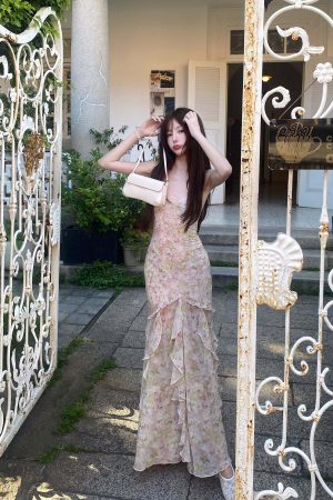 DreamyNerd Floral Ruffle Maxi Dress with Open Back and Spaghetti Straps