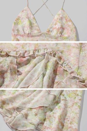 DreamyNerd Floral Ruffle Maxi Dress with Open Back and Spaghetti Straps