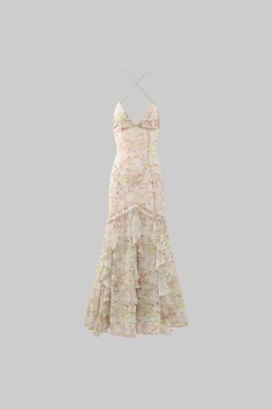 DreamyNerd Floral Ruffle Maxi Dress with Open Back and Spaghetti Straps