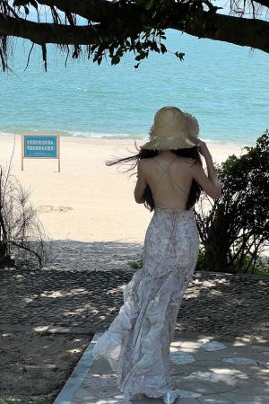 DreamyNerd Floral Ruffle Maxi Dress with Open Back and Spaghetti Straps