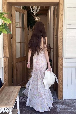 DreamyNerd Floral Ruffle Maxi Dress with Open Back and Spaghetti Straps