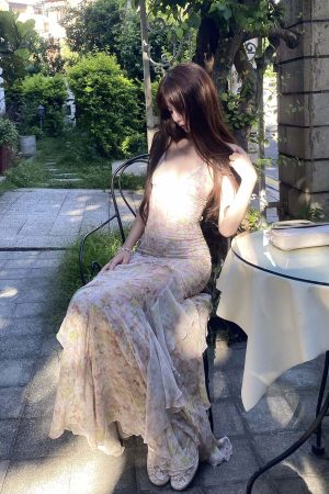 DreamyNerd Floral Ruffle Maxi Dress with Open Back and Spaghetti Straps