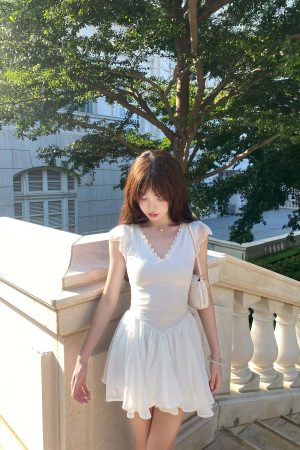 DreamyNerd Flutter Sleeve Mini Dress with Lace Bodice and Flowy Hem