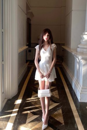 DreamyNerd Flutter Sleeve Mini Dress with Lace Bodice and Flowy Hem