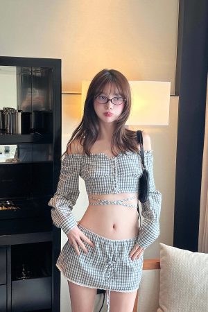 DreamyNerd Gingham Off-Shoulder Top and Skirt Set