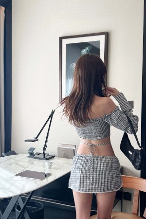 DreamyNerd Gingham Off-Shoulder Top and Skirt Set