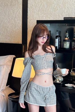 DreamyNerd Gingham Off-Shoulder Top and Skirt Set