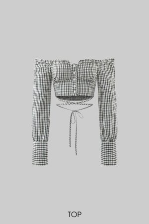 DreamyNerd Gingham Off-Shoulder Top and Skirt Set