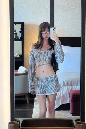 DreamyNerd Gingham Off-Shoulder Top and Skirt Set