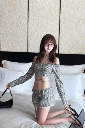 DreamyNerd Gingham Off-Shoulder Top and Skirt Set