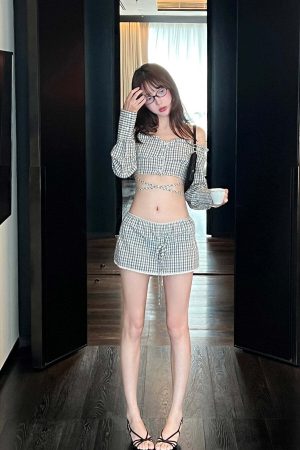 DreamyNerd Gingham Off-Shoulder Top and Skirt Set