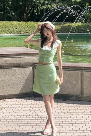 DreamyNerd Gingham Ruffle Top and Mini Skirt Set with Lace Trim