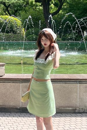 DreamyNerd Gingham Ruffle Top and Mini Skirt Set with Lace Trim