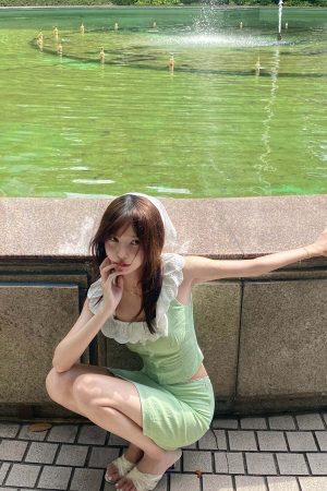 DreamyNerd Gingham Ruffle Top and Mini Skirt Set with Lace Trim