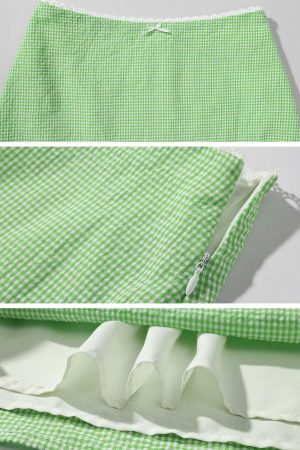 DreamyNerd Gingham Ruffle Top and Mini Skirt Set with Lace Trim