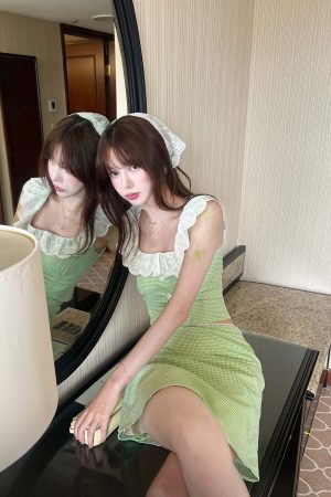 DreamyNerd Gingham Ruffle Top and Mini Skirt Set with Lace Trim