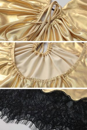 DreamyNerd Golden Lace-Trim Mini Slip Dress