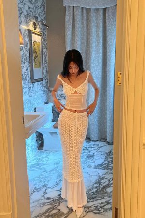 DreamyNerd Lace & Mesh Cami Top & Sheer-Hem Maxi Skirt Set