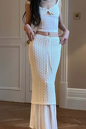 DreamyNerd Lace & Mesh Cami Top & Sheer-Hem Maxi Skirt Set