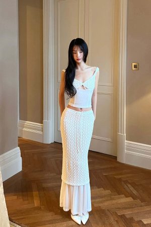 DreamyNerd Lace & Mesh Cami Top & Sheer-Hem Maxi Skirt Set