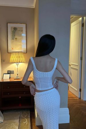 DreamyNerd Lace & Mesh Cami Top & Sheer-Hem Maxi Skirt Set