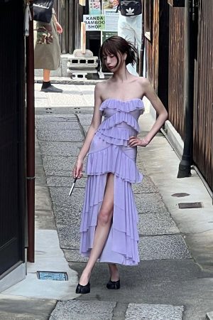 DreamyNerd Mesh Cascade Ruffle Gown