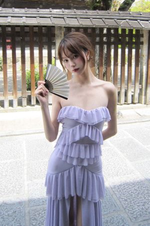 DreamyNerd Mesh Cascade Ruffle Gown