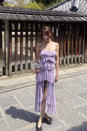 DreamyNerd Mesh Cascade Ruffle Gown