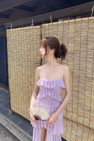 DreamyNerd Mesh Cascade Ruffle Gown