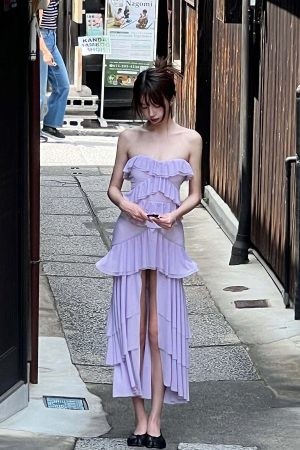 DreamyNerd Mesh Cascade Ruffle Gown