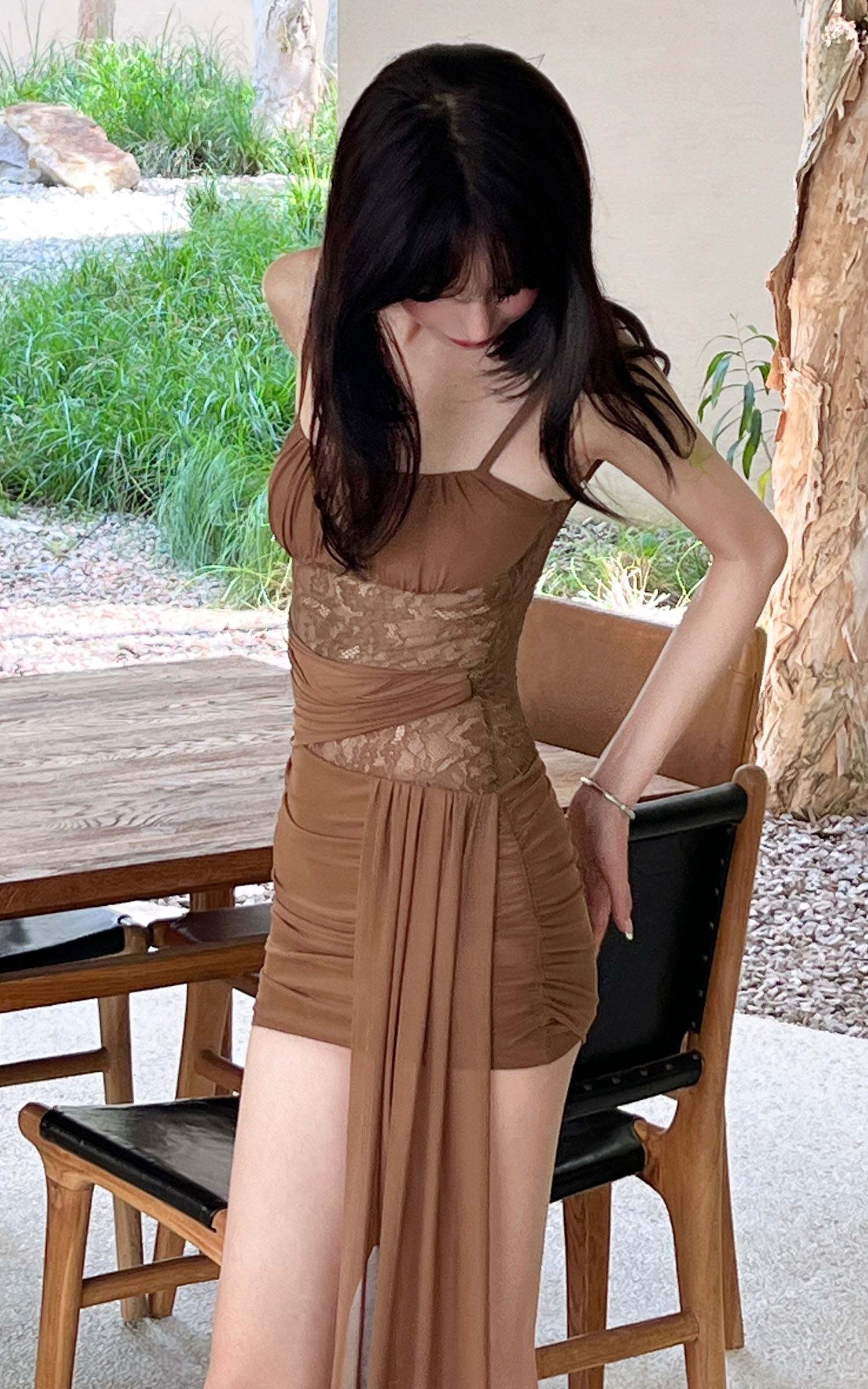 DreamyNerd Mesh Draped Lace Mini Dress with Asymmetric Overlay and Sheer Bodice DreamyNerd Mesh Draped Lace Mini Dress with Asymmetric Overlay and Sheer Bodice