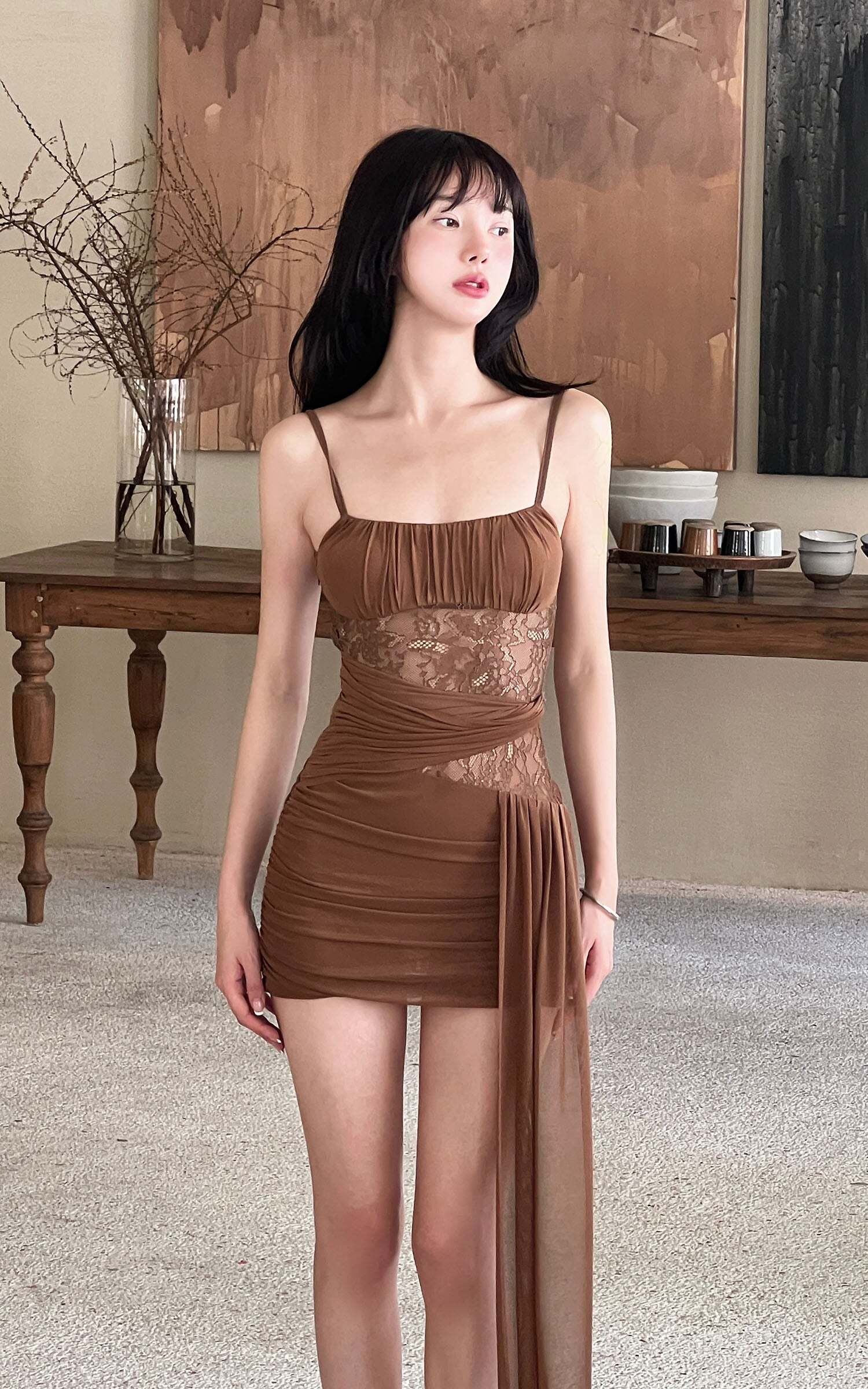 DreamyNerd Mesh Draped Lace Mini Dress with Asymmetric Overlay and Sheer Bodice DreamyNerd Mesh Draped Lace Mini Dress with Asymmetric Overlay and Sheer Bodice