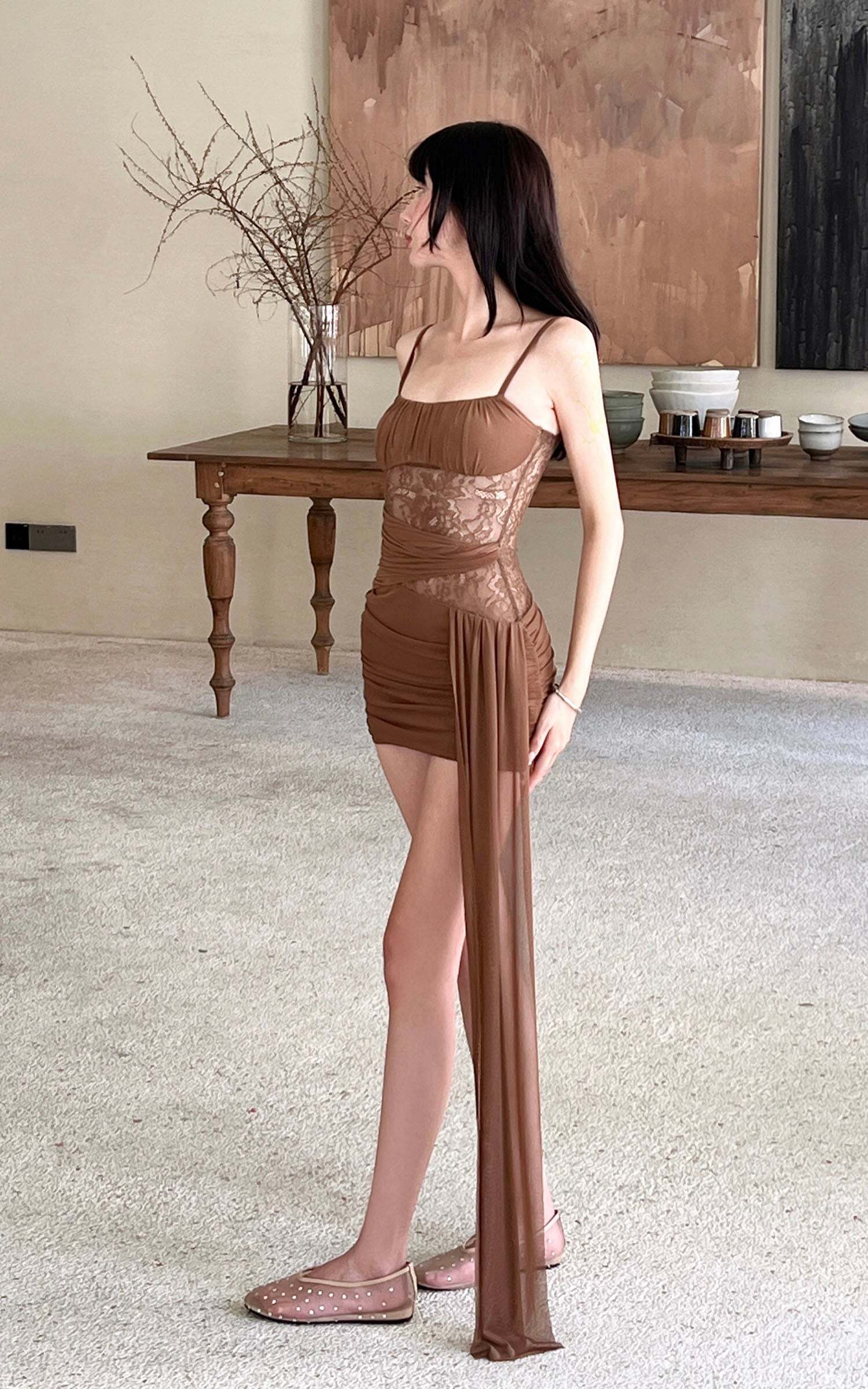 DreamyNerd Mesh Draped Lace Mini Dress with Asymmetric Overlay and Sheer Bodice DreamyNerd Mesh Draped Lace Mini Dress with Asymmetric Overlay and Sheer Bodice