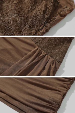 DreamyNerd Mesh Draped Lace Mini Dress with Asymmetric Overlay and Sheer Bodice