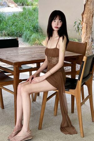 DreamyNerd Mesh Draped Lace Mini Dress with Asymmetric Overlay and Sheer Bodice