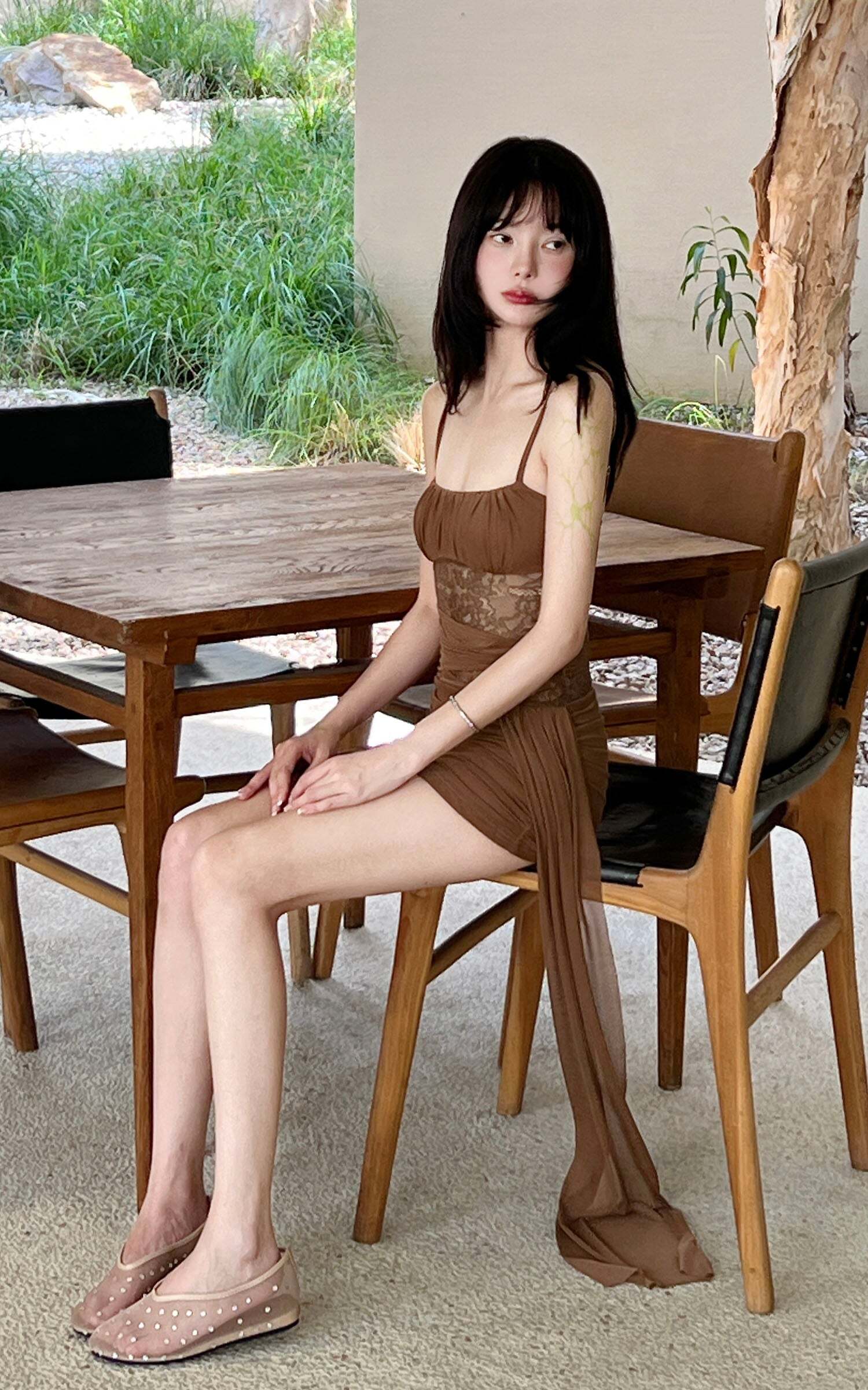 DreamyNerd Mesh Draped Lace Mini Dress with Asymmetric Overlay and Sheer Bodice DreamyNerd Mesh Draped Lace Mini Dress with Asymmetric Overlay and Sheer Bodice